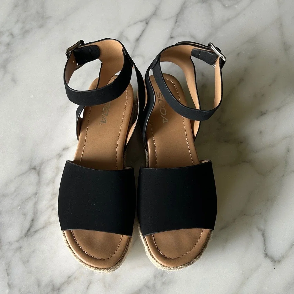 Soda Womens Black Espadrille Platform Sandals Ankle Strap Wedge Open Toe 7.5